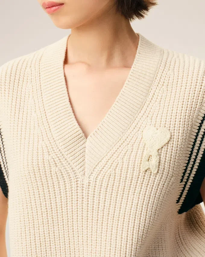 White Ribbed Wool Sleeveless Ami De Coeur Sweater White Ribbed Wool Sleeveless Ami De Coeur Sweater