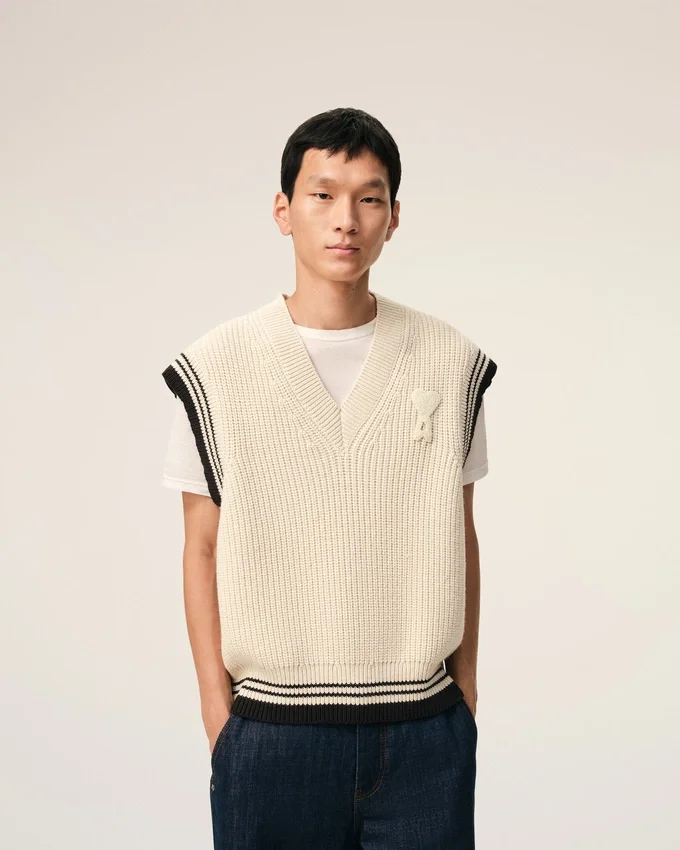 White Ribbed Wool Sleeveless Ami De Coeur Sweater White Ribbed Wool Sleeveless Ami De Coeur Sweater