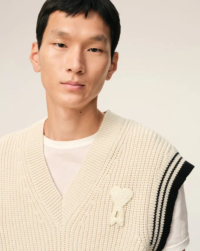 White Ribbed Wool Sleeveless Ami De Coeur Sweater White Ribbed Wool Sleeveless Ami De Coeur Sweater