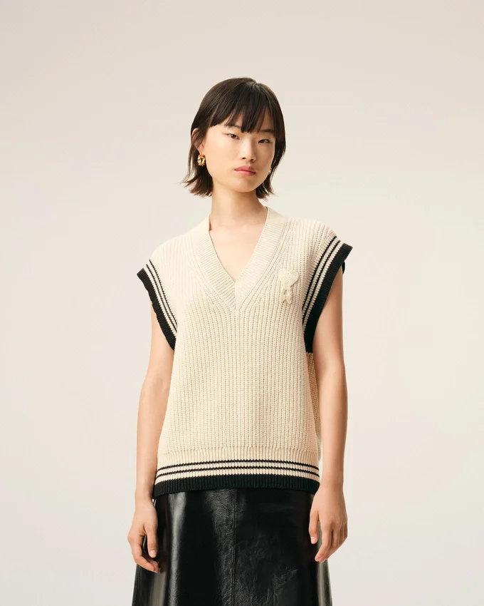 White Ribbed Wool Sleeveless Ami De Coeur Sweater White Ribbed Wool Sleeveless Ami De Coeur Sweater