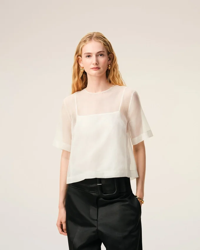 White Silk Short Sleeves Sheer with Undertop Top White Silk Short Sleeves Sheer with Undertop Top