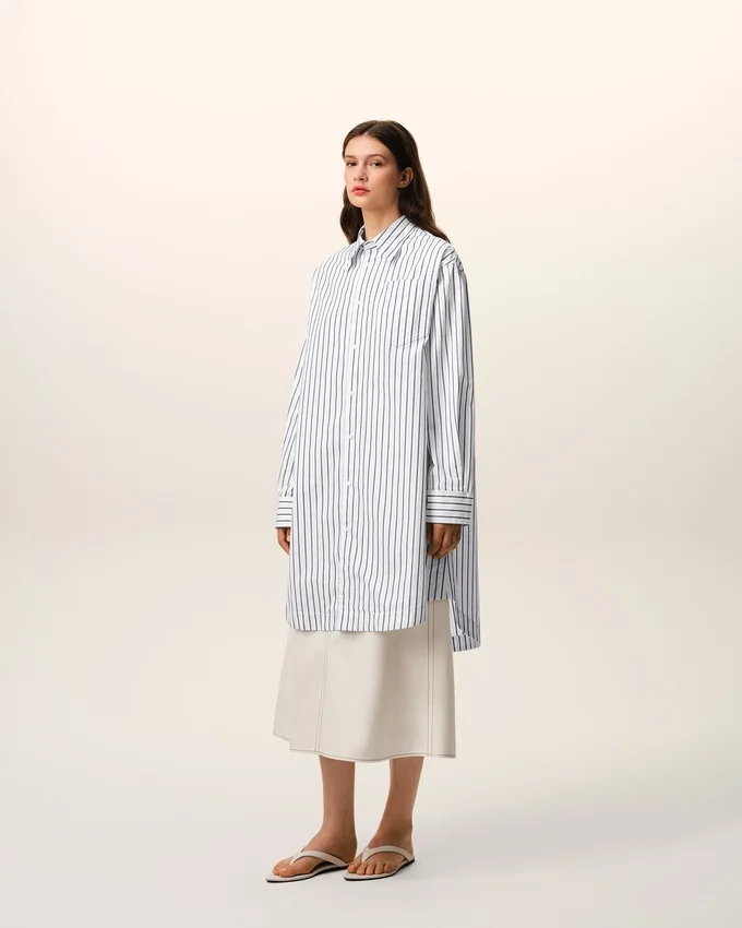 White Striped Cotton Ami De Coeur Wide Shirt Dress White Striped Cotton Ami De Coeur Wide Shirt Dress