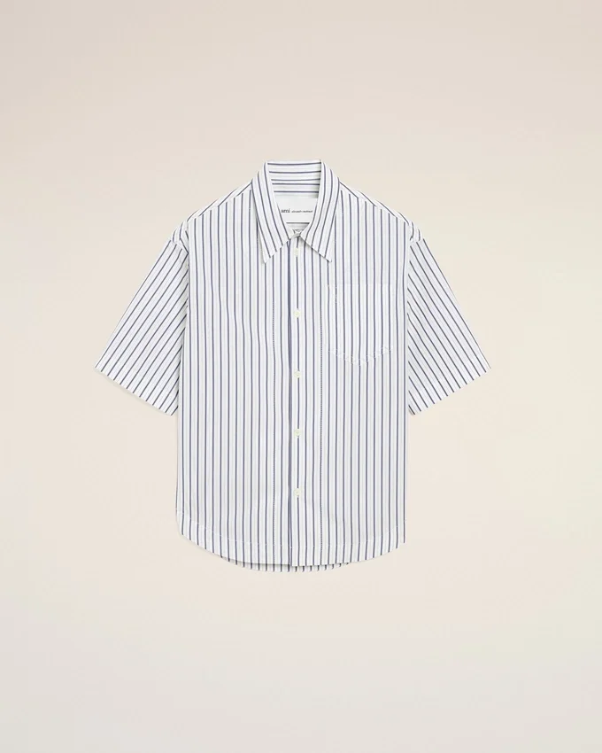 White Striped Cotton Short Sleeve Ami De Coeur Wide Shirt White Striped Cotton Short Sleeve Ami De Coeur Wide Shirt