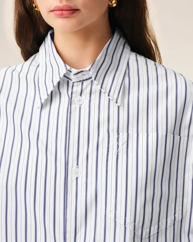 White Striped Cotton Short Sleeve Ami De Coeur Wide Shirt White Striped Cotton Short Sleeve Ami De Coeur Wide Shirt