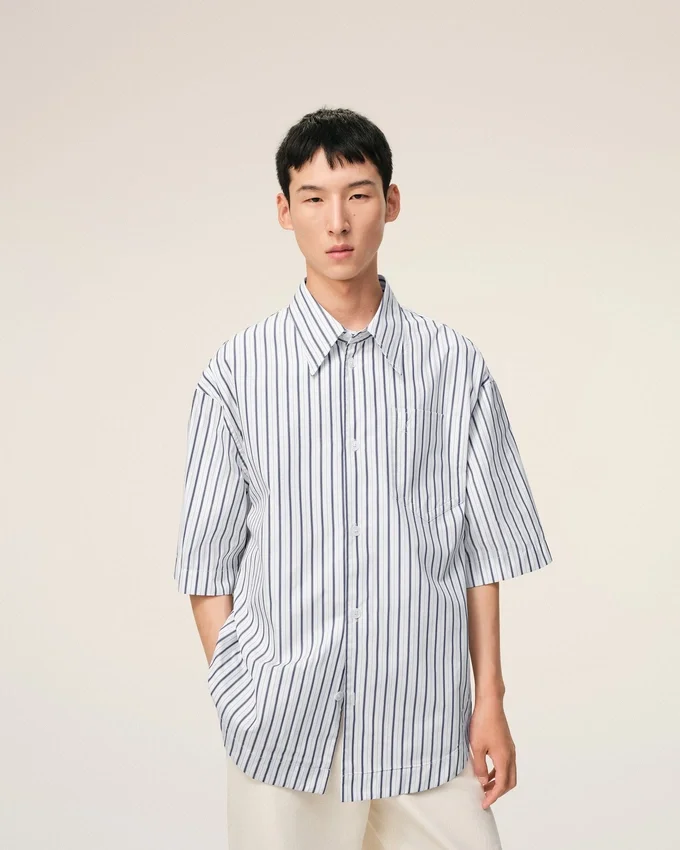 White Striped Cotton Short Sleeve Ami De Coeur Wide Shirt White Striped Cotton Short Sleeve Ami De Coeur Wide Shirt