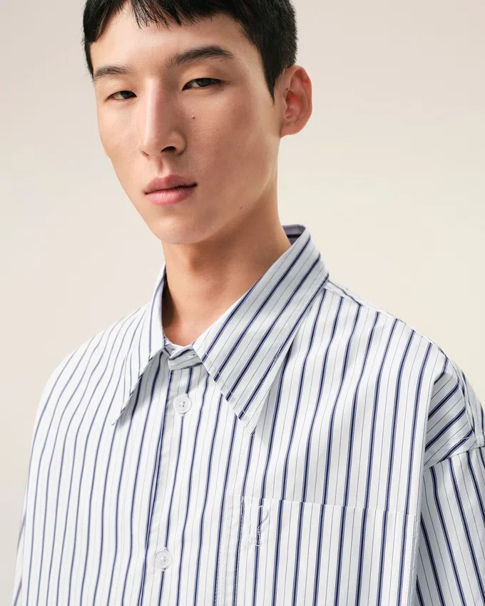 White Striped Cotton Short Sleeve Ami De Coeur Wide Shirt White Striped Cotton Short Sleeve Ami De Coeur Wide Shirt