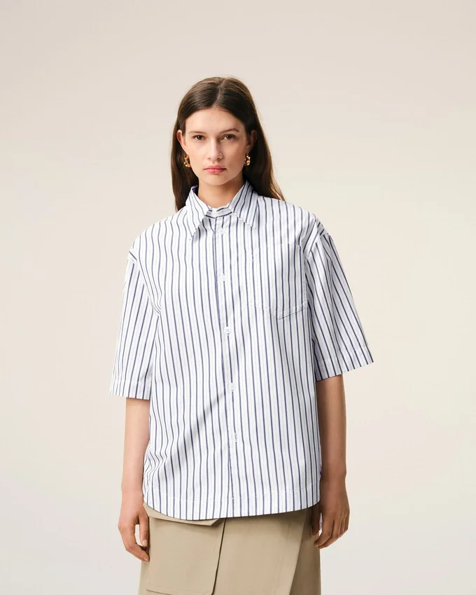 White Striped Cotton Short Sleeve Ami De Coeur Wide Shirt White Striped Cotton Short Sleeve Ami De Coeur Wide Shirt