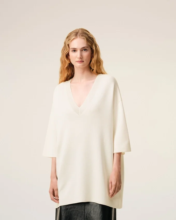 White Wool Short Sleeves V Neck Sweater White Wool Short Sleeves V Neck Sweater